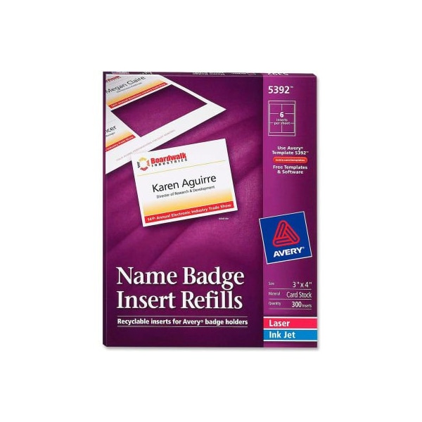 Avery Avery® Name Badge Insert Refills, 3" x 4", White, 300 Inserts/Box 5392 Zoro